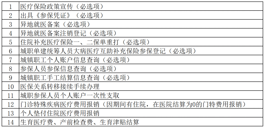 第1-9项为每个医保服务工作站点所必须提供的必选项，其余事项由各医保服务工作站点根据自身条件自选办理。