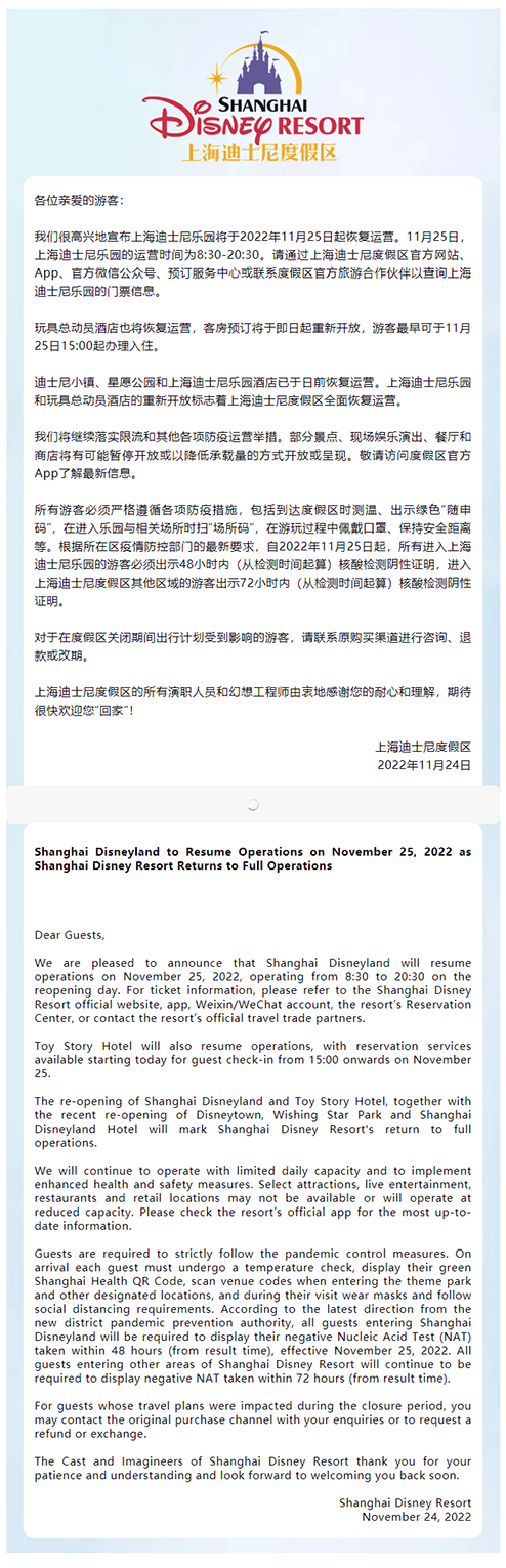 上海迪士尼乐园将于2022年11月25日起重新开放，上海迪士尼度假区全面恢复运营