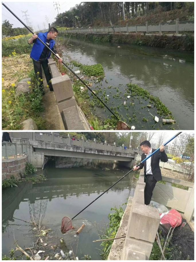 志愿者、网格员清理河道
