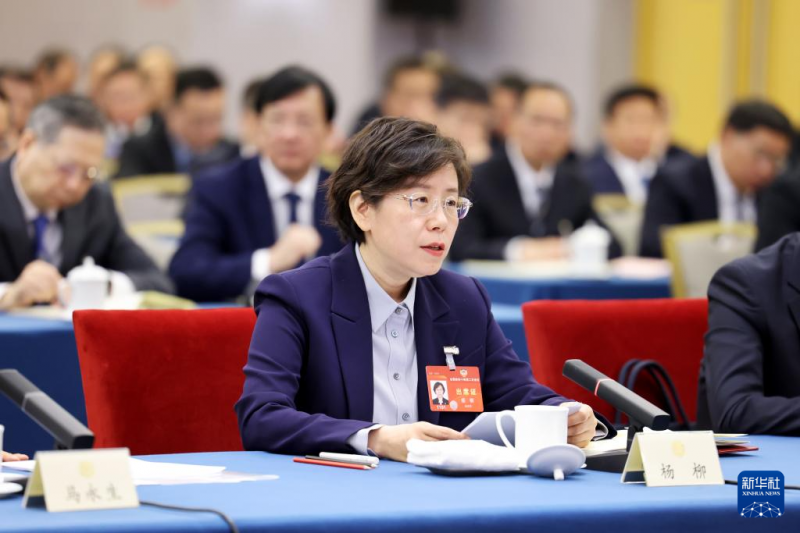 3月6日，政协委员杨柳在经济、农业界委员联组会上发言。新华社记者 刘彬 摄