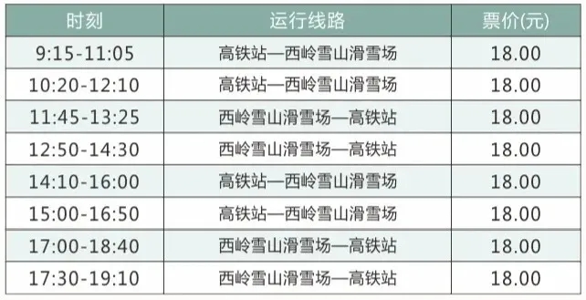 高铁站—西岭雪山旅游专线直通车时刻、价格表